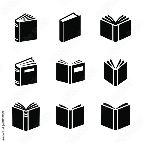 Book silhouette icon set. set of book silhouette icon.  book icon. Collection of black and white book icons in various open and closed positions