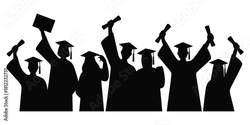 graduates celebrating icon set. set of graduates celebrating silhouette icon. Silhouette of graduates celebrating with diplomas and caps thrown in the air