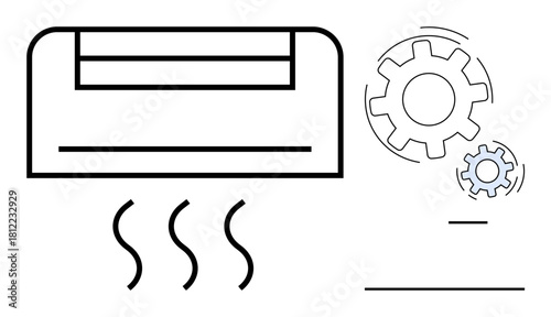 Air conditioner emitting cool air, paired with gear icons symbolizing repair, optimization, and functionality. Ideal for technology, HVAC, energy efficiency, maintenance, cooling repair services