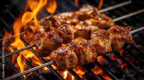 Fototapeta Naklejka Na Ścianę i Meble -  Juicy grilled meat skewers cooking over open flame on a hot charcoal grill with smoky fire and rich barbecue texture