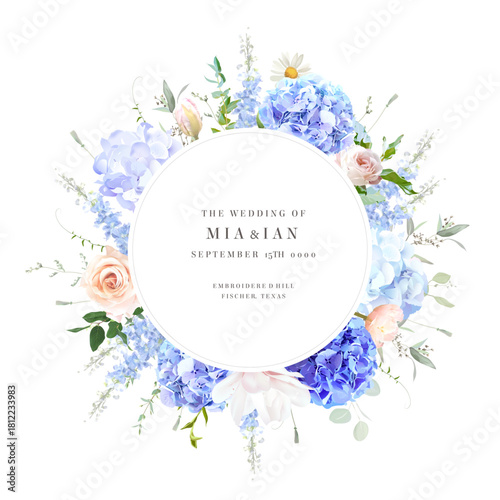 Bridgerton inspired pastel floral vector design frame. Blue delphinium, hydrangea, white magnolia, tulips, rose, hyacinth, greenery and plants card. All flowers and branches are isolated and movable