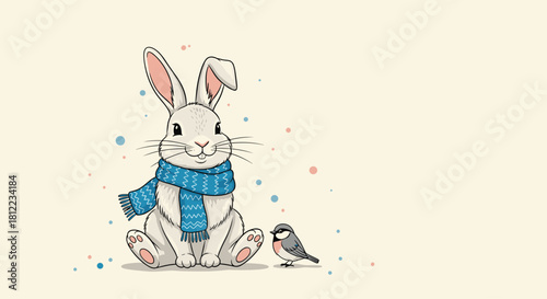 A cute white rabbit wearing a blue scarf sits next to a small bird on a light background.