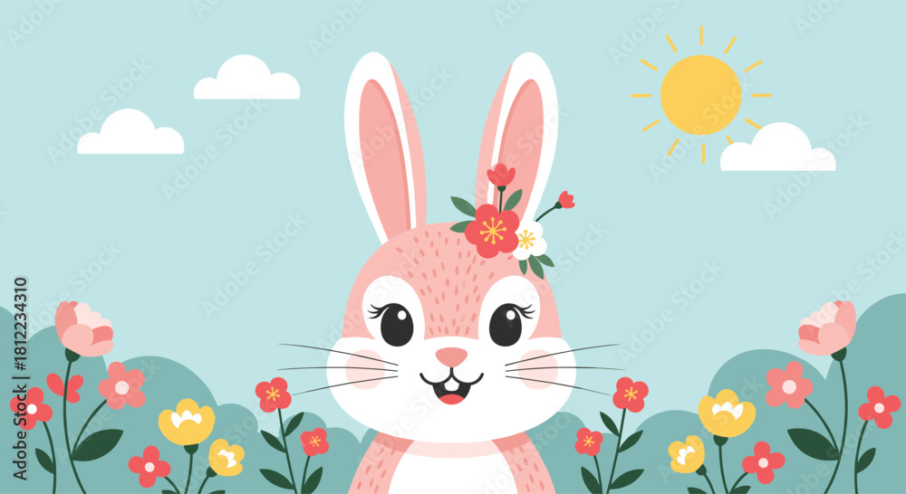Fototapeta premium Cute pink bunny in a field of flowers with a bright sun and clouds in the sky.