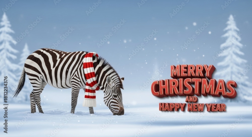 Obraz premium Festive Zebra Winter Scene - A zebra wearing a red and white scarf stands in a snowy winter scene, conveying holiday greetings
