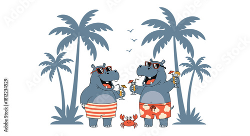 Two cartoon hippos in sunglasses and swim trunks enjoy cocktails on a tropical beach with palm trees.