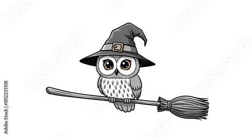 Cute cartoon owl wearing a witch hat flies on a broomstick for Halloween.