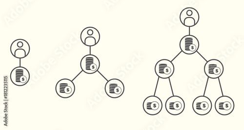 Vector diagram showing a hierarchy or layered structure with connected nodes. Useful for illustrating organizational structures, network systems, flowcharts, relational graphs, and conceptual diagrams