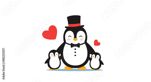 A dapper penguin father wearing a top hat and tuxedo holds his two young children close.