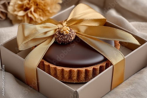 A luxurious vegan hazelnut chocolate tart elegantly packed in a matte beige gift box with a transparent lid and gold ribbon, captured in soft natural light against a minimal background.