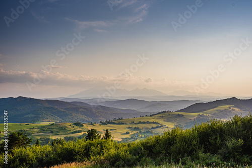 Summer landscapes of the Pieniny mountains with distant Tatra views, golden hour hiking scenery
