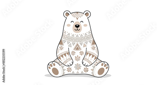 Cute illustrated bear with tribal patterns sitting on a white background.