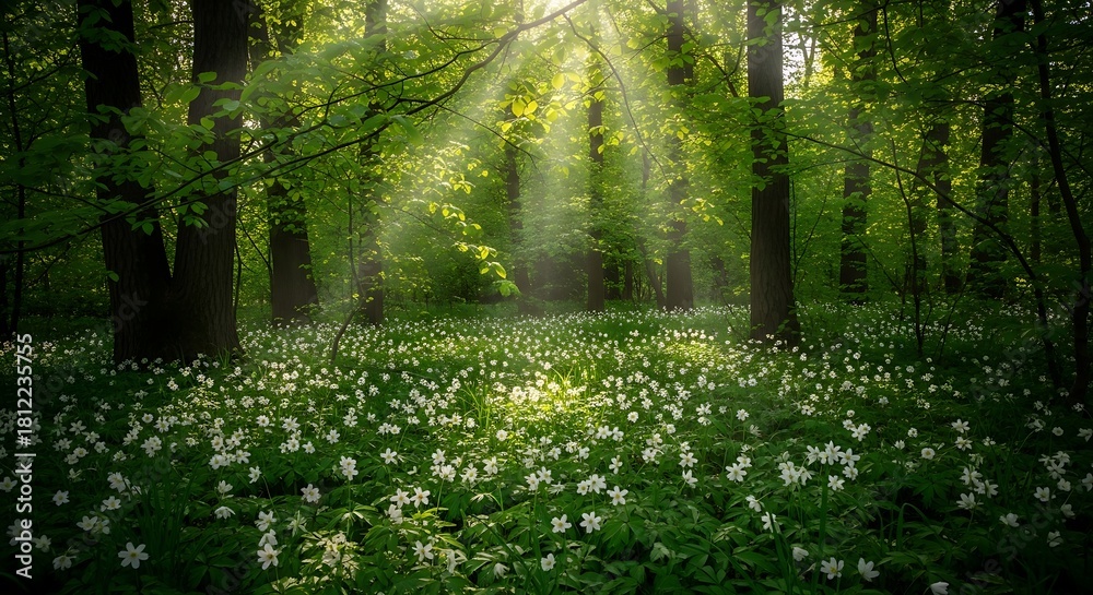 Fototapeta premium Sunlight streaming through trees onto a forest floor of white flower