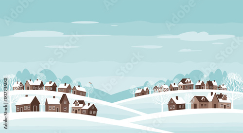 Cozy winter village scene with snow-covered houses and bare trees under a pale blue sky.