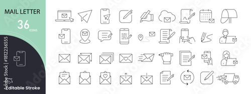 Mail Letter icons set. Includes icons for envelope, message, delivery, post, inbox, send, stamp, communication, document, and correspondence. Editable stroke.