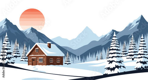 Cozy wooden cabin nestled in a snowy mountain landscape during sunset.