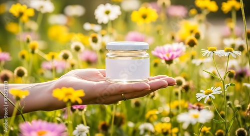 Fototapeta Naklejka Na Ścianę i Meble -  Hand holding small jar of honey or cosmetic product in meadow