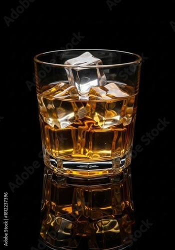 A glass of whiskey with ice cubes on a reflective surface