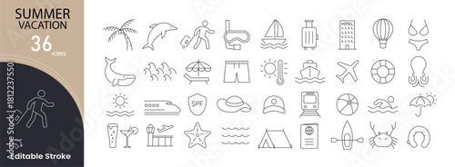 Summer Vacation icons set. Includes icons for beach, travel, sunshine, holiday, relaxation, ocean, luggage, ice cream, palm tree, and outdoor fun. Editable stroke.