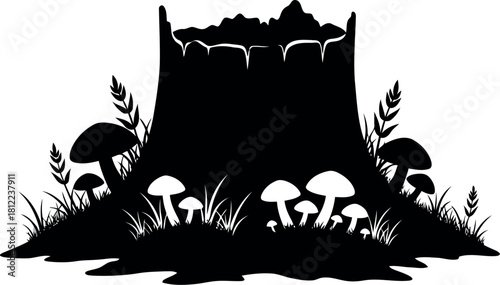Forest stump silhouette with mushrooms and grass