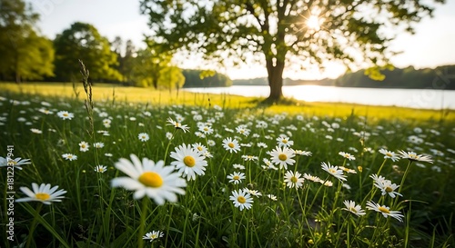 Fototapeta Naklejka Na Ścianę i Meble -  Field of daisies blooming in sunny meadow near a lake at sunset
