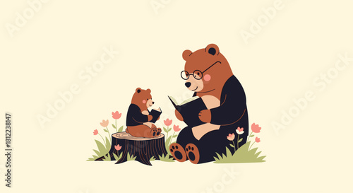 Father bear and cub reading a book together outdoors surrounded by flowers.