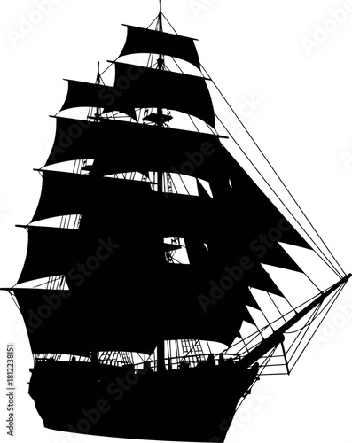 Black silhouette tall ship sailing on white background