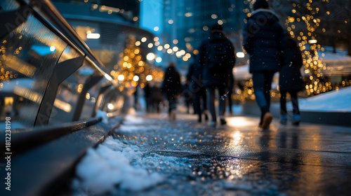 Winter scenery with pedestrians navigating snowy metropolitan pathway defocused holiday illumination background festive city street scene seasonal urban walking celebration