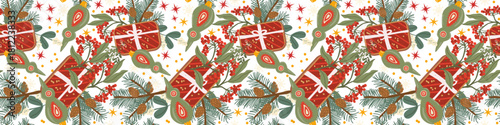 Christmas festive pattern border wit cookie gift, fir branches and cotoneaster, ornament, bauble, snowflakes. Seamless tape with winter elements. Christmas horizontal pattern border.