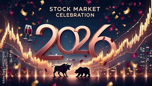A vibrant celebration of the stock market in 2026, with confetti, wine, and symbolic bull and bear figures, set against a backdrop of financial charts