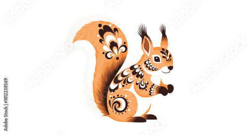 Stylized orange squirrel with decorative patterns on its fur and tail, set against a white background.