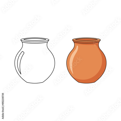 Clay pot outline and colored terracotta vase vector illustration