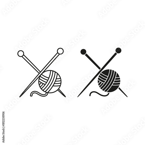 Knitting yarn ball and crossed needles outline and solid vector icon.