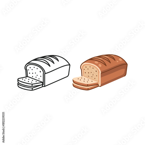 Sliced bread loaf, outline and colored vector illustration food