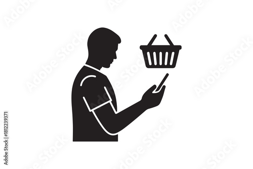 Ecommerce Customer Holding Smartphone With Shopping Basket Black And White Silhouette Vector