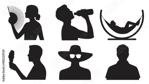 Silhouette set of people cooling off in hot weather vector illustration of summer heat relief activities isolated on white background