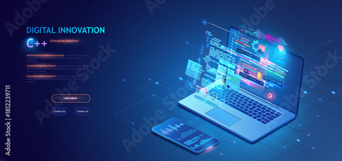 Digital workspace concept with laptop, mobile phone and glowing isometric data elements. Application of Smartphone with business graph and analytics data on isometric mobile phone. Analysis trends 