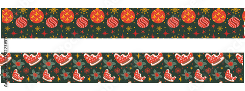 Christmas seamless border pattern set. Flat cartoon vector illustration. Christmas cookies and ornaments border on dark background. Christmas sled with holly berry and baubles with snowflakes.