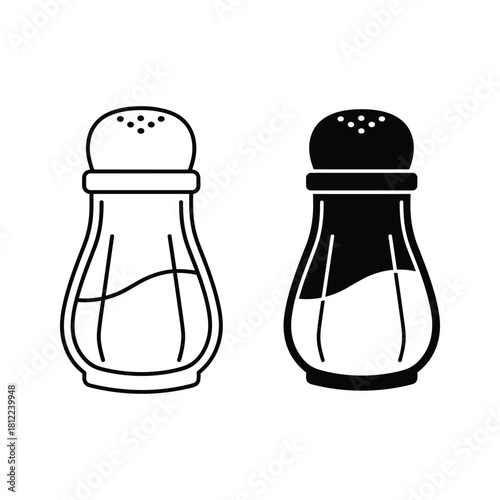 Salt and pepper shakers outline and fill icon set, condiment container.