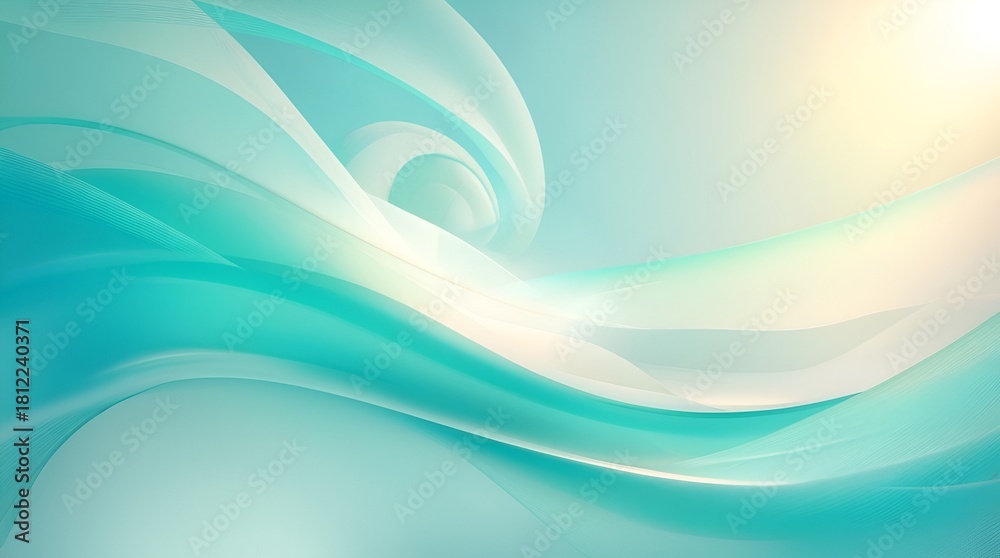Fototapeta premium Minimal abstract Cyan background with fluid curves, gentle motion, and misty light textures blending into a soothing aquatic-inspired design