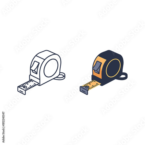 Isometric tape measure tools, outline and color versions vector art