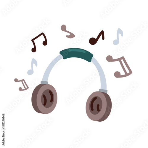 Illustration of headphones surrounded by musical notes in flat style