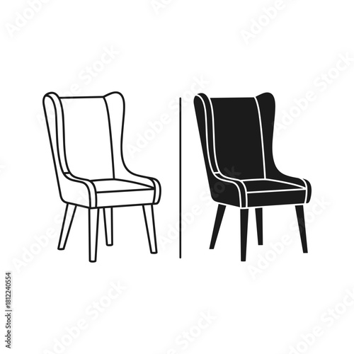 Modern high-back chair line art and solid silhouette icons set.