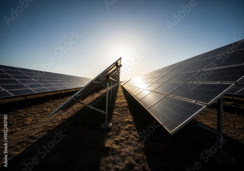 A row of solar panels in a field with the sun setting behind them