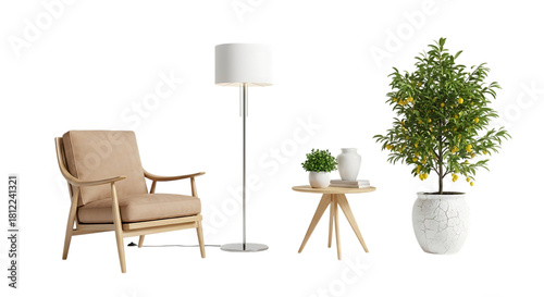 Elegant interior design featuring armchair floor lamp table and plant isolated on transparent background