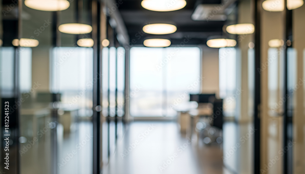 Fototapeta premium Clean architectural lines and softly diffused light shape a minimalist office passageway, with frosted glass partitions and warm ceiling lights contributing to a peaceful modern environment.