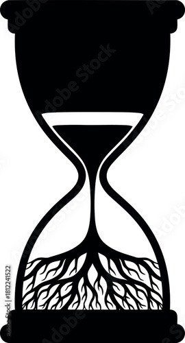 Hourglass with growing roots time and growth concept