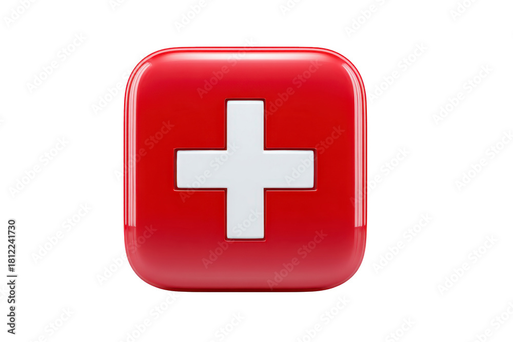 Fototapeta premium Red square button with white cross symbol glossy 3D icon medical emergency sign healthcare hospital first aid isolated on transparent background modern design