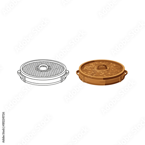 Traditional bamboo steamer lid, outline and color vector art