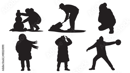 Silhouette vector set of winter activities including making a snowman and throwing snowballs isolated on white background