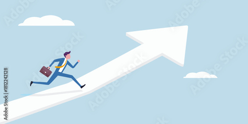 Businessman running up a white arrow towards the sky